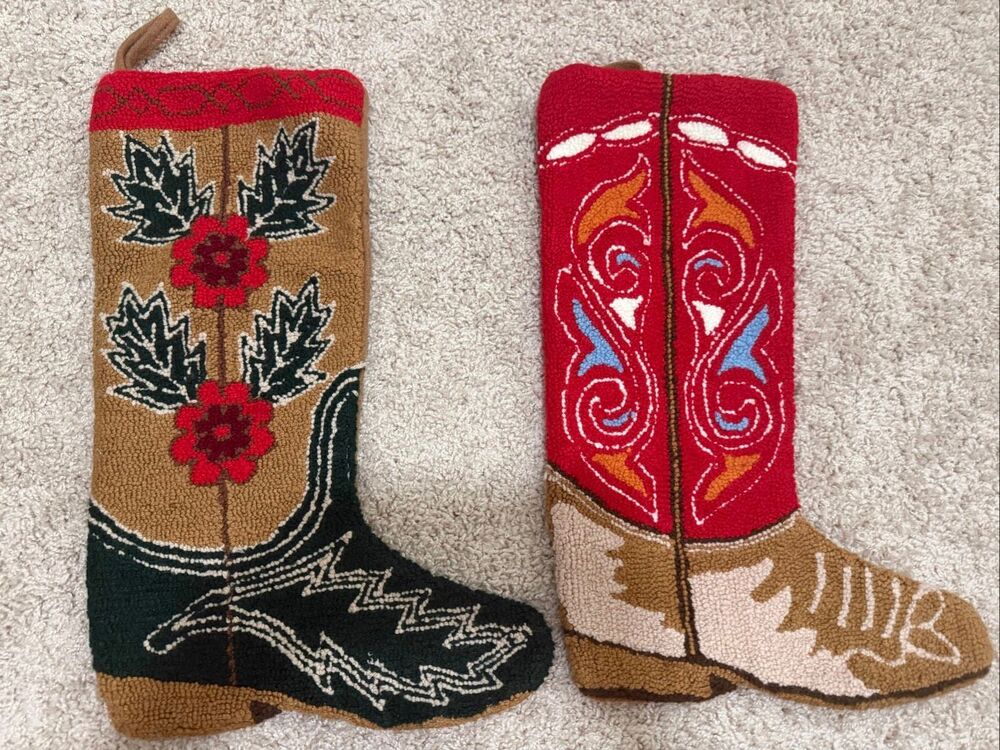 Vintage Hand-Hooked Cowboy Boot Christmas Stockings – Pair – Western Folk Art Dé